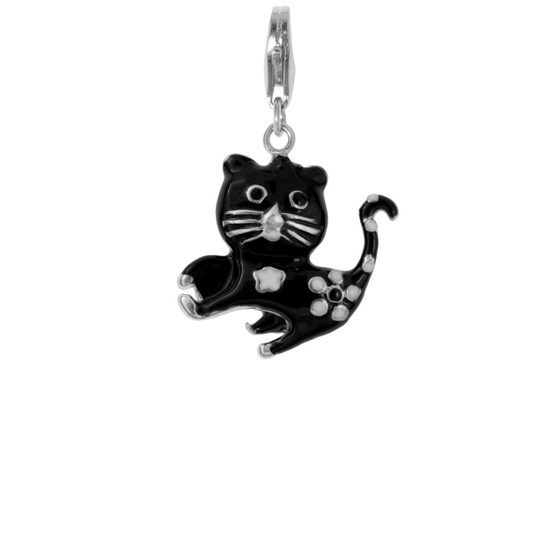 Alia for You 925 sterling silver black cat charm with black enamel