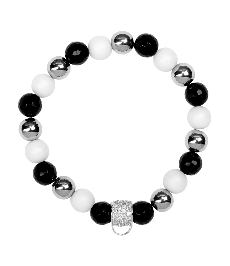 Onyx, white agate and silver haematite 925 sterling silver charm bracelet