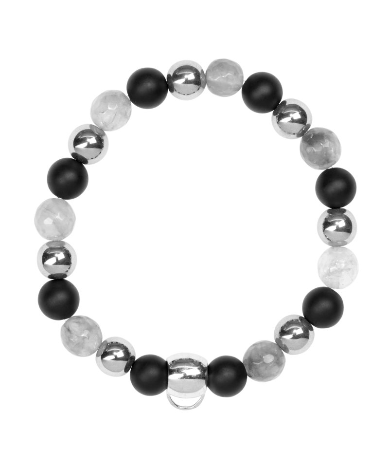 Fog quartz, onyx and silver haematite 925 sterling silver charm bracelet