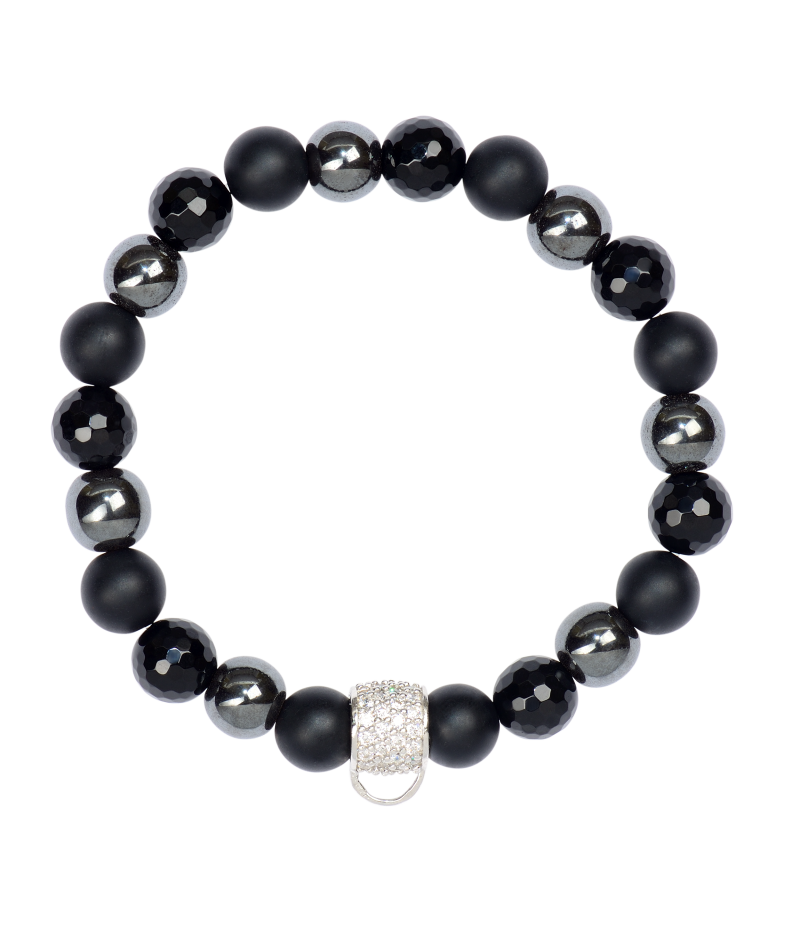 Onyx and black haematite 925 sterling silver charm bracelet