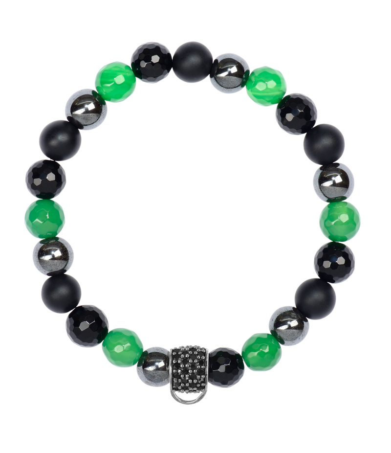 Green agate, onyx and black haematite 925 sterling silver charm bracelet