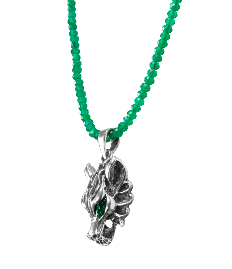 Alia for You green agate necklace with 925 sterling silver wolf head pendant