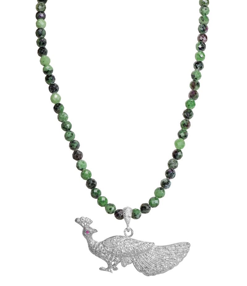 Alia for You zoisite necklace with 925 sterling silver peacock pendant