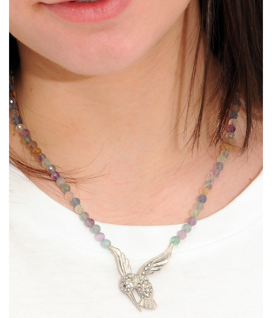 Alia for You fluorit necklace with 925 sterling silver hummingbird pendant